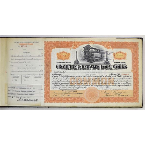 MA. Crompton & Knowles Loom Works, 1945, Stock Certificate Book