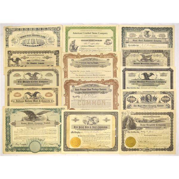 Steel, Graphite & Construction Materials Companies, ND (1880s) to 1922 Stock Certificate Assortment.