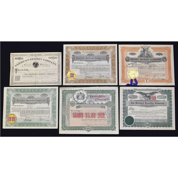 Remedy, Patent Medicine, and Chemical Company Stock Certificates, 1884 to 1916.