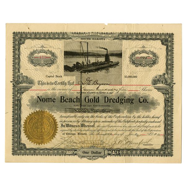 Alaska. Nome Beach Gold Dredging Co., 1910, I/U Stock Certificate.