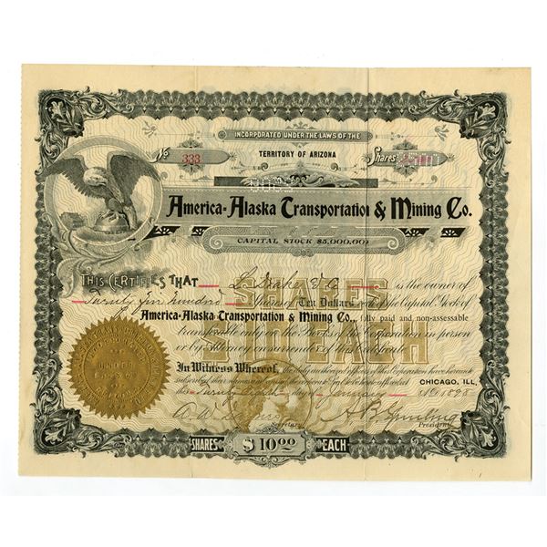 AK. America-Alaska Transportation & Mining Co., 1898, I/U Stock Certificate.