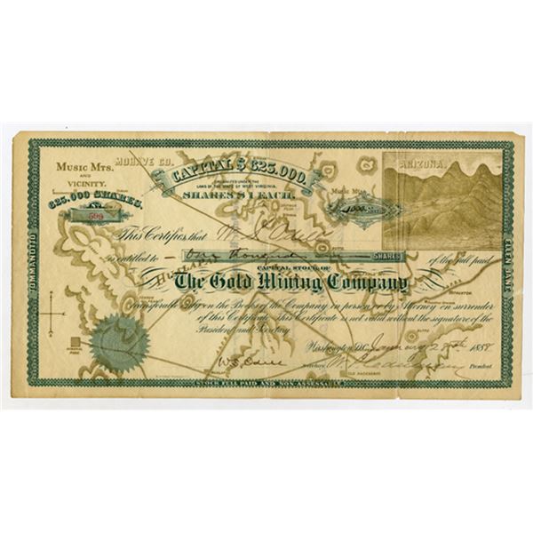 Arizona Territory. The Gold Mining Co., 1888, I/U Stock Certificate Rarity
