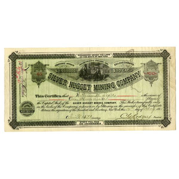 AZ. Silver Nugget Mining Co., 1881, I/U Stock Certificate.