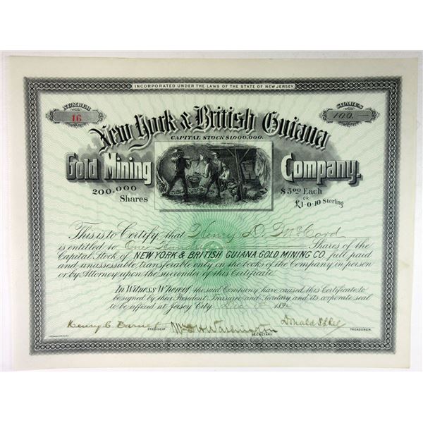 British Guiana and NY. New York & British Guiana Gold Mining Co., 1894, 100 Shrs I/U Stock Cert., XF