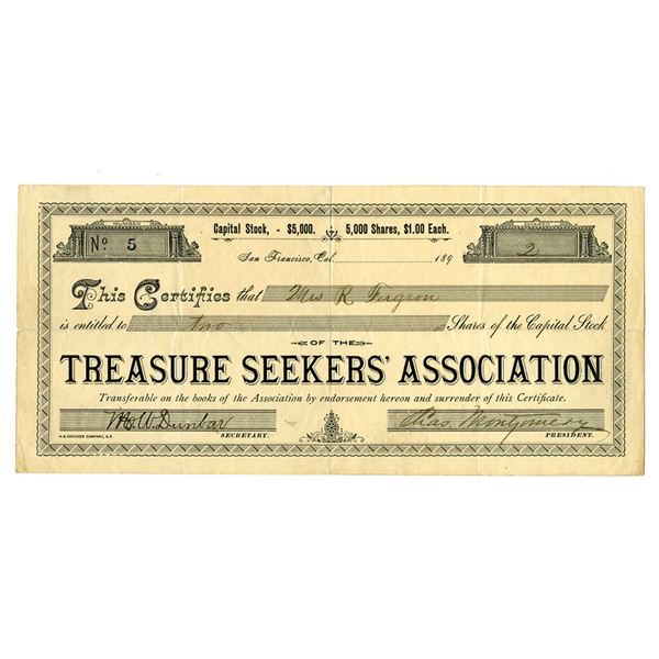 CA. Treasure Seekers’ Association, 1890s I/U Stock Certificate.