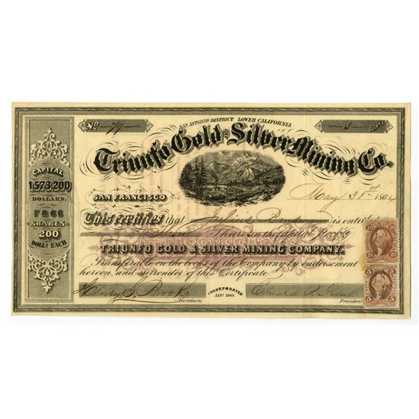 CA. Triunfo Gold & Silver Mining Co., 1864, I/U Stock Certificate.