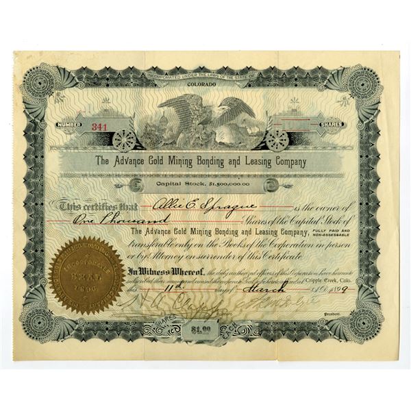 CO. Advance Gold Mining Bonding and Leasing Co., 1899 I/U Stock Certificate