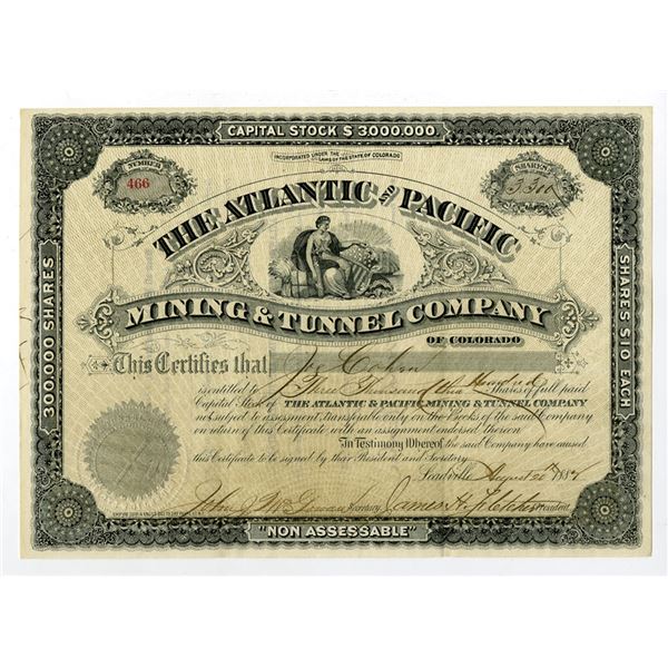 CO. Atlantic and Pacific Mining & Tunnel Co., 1882, I/U Stock Certificate.