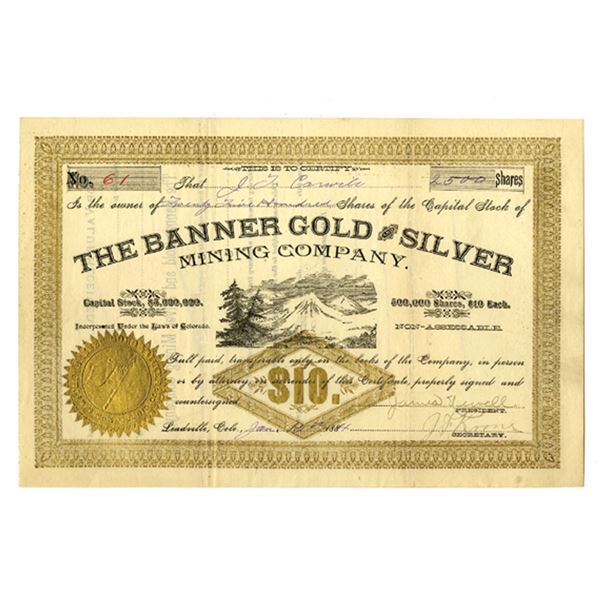 CO. Banner Gold and Silver Mining Co., 1884, I/U Stock Certificate.