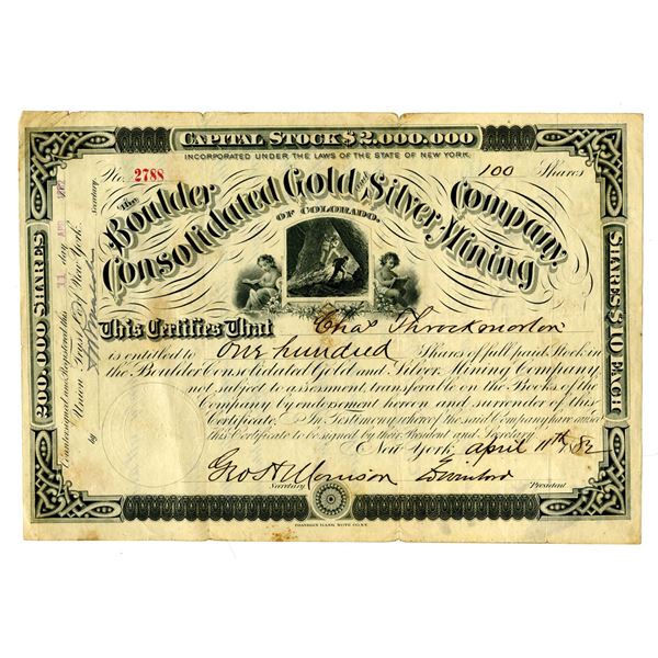 CO. Boulder Consolidated Gold and Silver Mining Co. of Colorado, 1882 I/U Stock Certificate