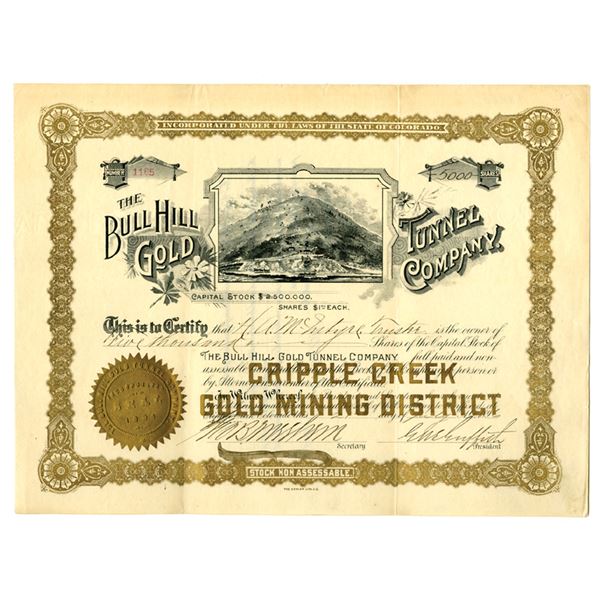 CO. Bull Hill Gold Tunnel Company, Cripple Creek, 1896, I/U Stock Certificate.