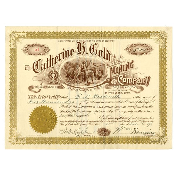 CO. Catherine H. Gold Mining Co., 1896, I/U Stock Certificate.