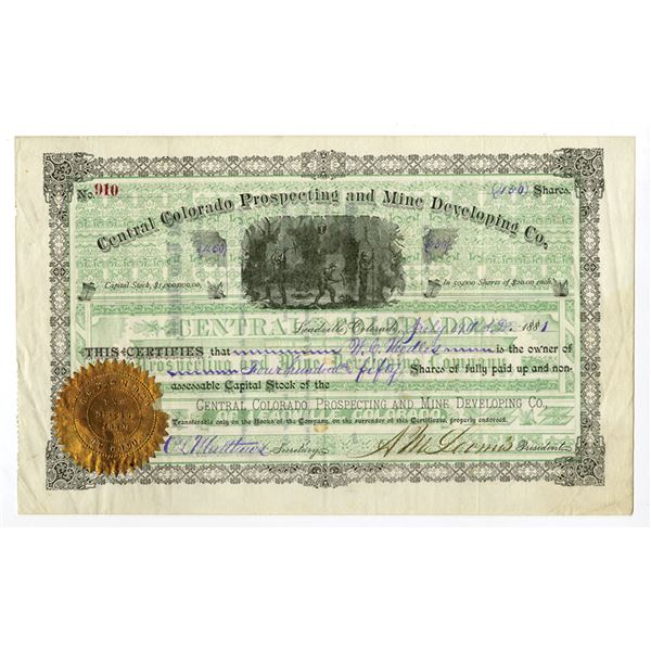 CO. Central Colorado Prospecting and Mine Developing Co., 1881, I/U Stock Certificate.