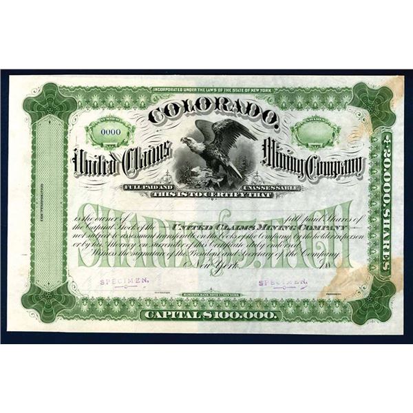 CO. Colorado United Claims Mining Co. ca.1880's Specimen Stock Certificate.