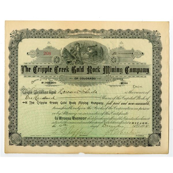 CO. Cripple Creek Gold Rock Mining Co., 1895, I/U Stock Certificate.