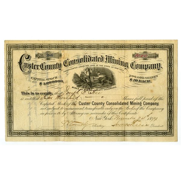 CO. Custer County Consolidated Mining Co., 1879, I/U Stock Certificate.