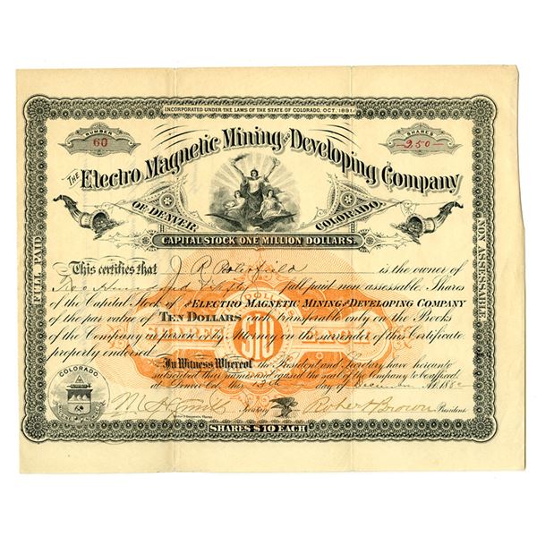 CO. Electro Magnetic Mining and Developing Co., 1882, I/U Stock Certificate.