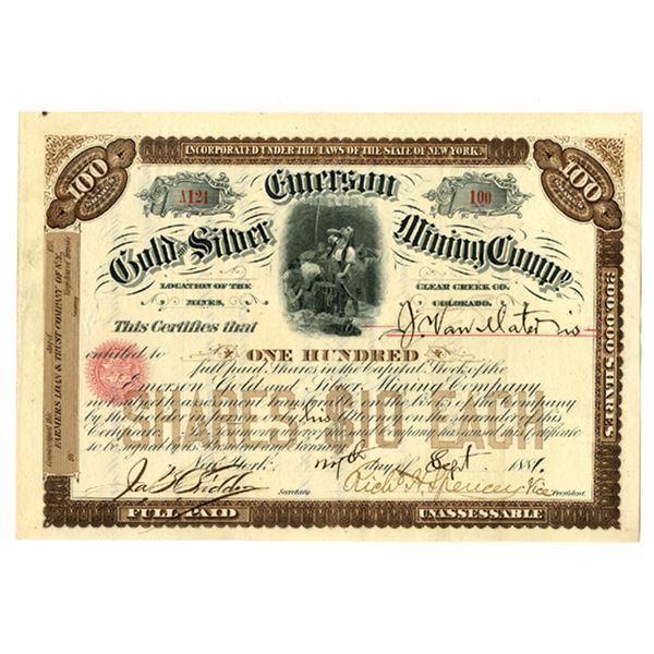 CO. Emerson Gold and Silver Mining Co., 1881, I/U Stock Certificate.