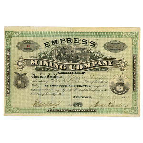 CO. Empress Mining Company of Colorado, 1879, I/U Stock Certificate.