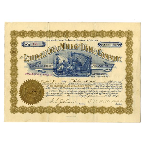 CO. Equitable Gold Mining and Tunnel Co., 1897, I/U Stock Certificate.