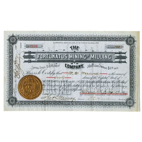 CO. Fortunatus Mining and Milling Company, 1894 Stock Certificate