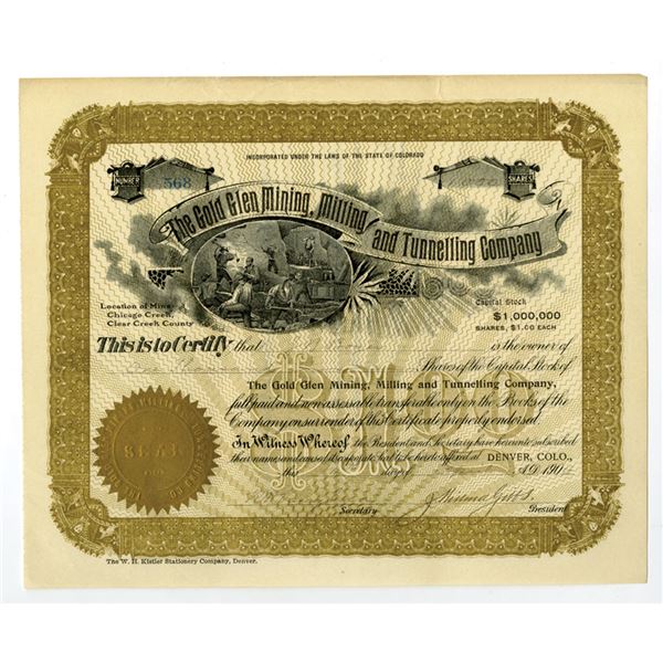 CO. Gold Glen Mining, Milling and Tunnelling Co., 1904, I/U Stock Certificate.