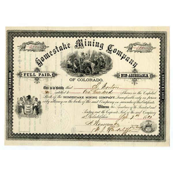 CO. Homestake Mining Company, 1881 I/U Stock Certificate.
