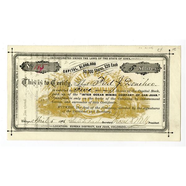 CO. Inter Ocean Mining Company of San Juan, 1878 I/U Stock Certificate