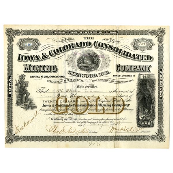 CO. Iowa & Colorado Consolidated Mining Company, 1881 I/U Stock Certificate