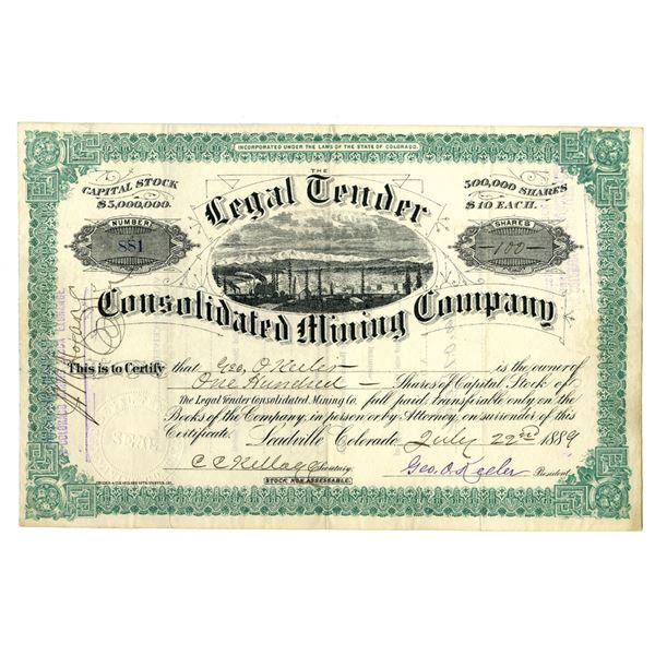 CO. Legal Tender Consolidated Mining Company, 1889 I/U Stock Certificate