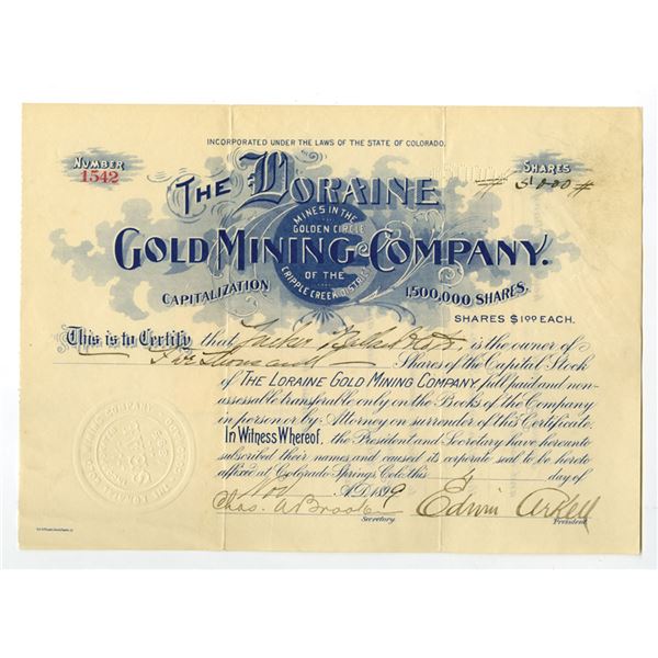 CO. Loraine Gold Mining Co., 1899, I/U Stock Certificate.