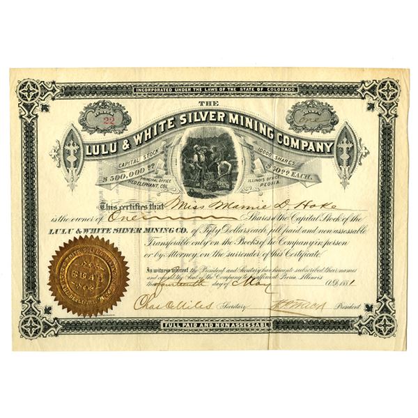 CO. Lulu & White Silver Mining Co., 1881, I/U Stock Certificate.
