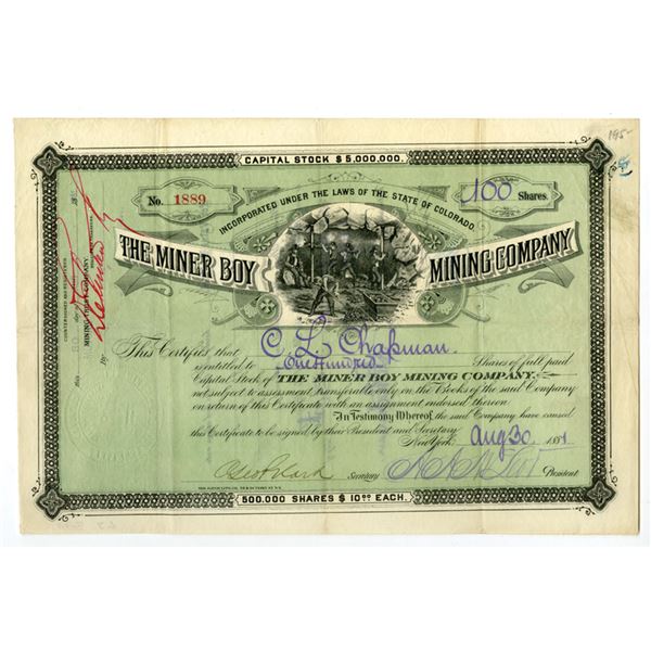CO. Miner Boy Mining Co., 1881, I/U Stock Certificate.