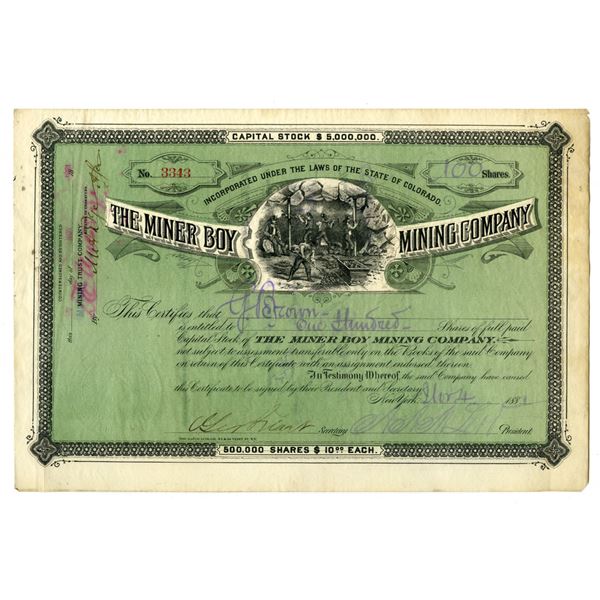 CO. Miner Boy Mining Company, 1881 I/U Stock Certificate