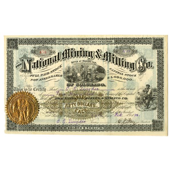 CO. National Mining & Milling Company of Colorado, 1880 I/U Stock Certificate
