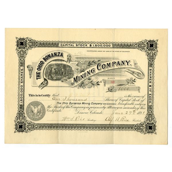 CO. Ohio Bonanza Mining Co., 1891, I/U Stock Certificate.