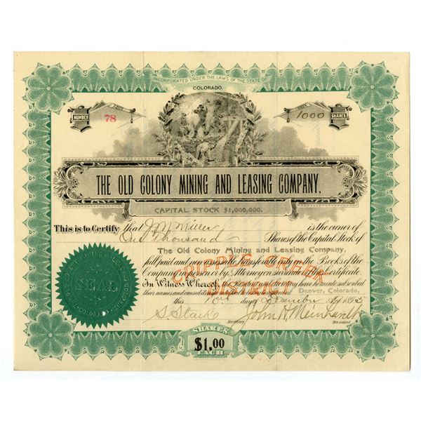 CO. Old Colony Mining and Leasing Co., 1895, I/U Stock Certificate.