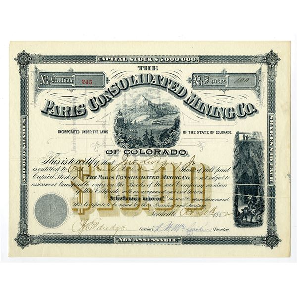 CO. Paris Consolidated Mining Co., 1882, I/U Stock Certificate.
