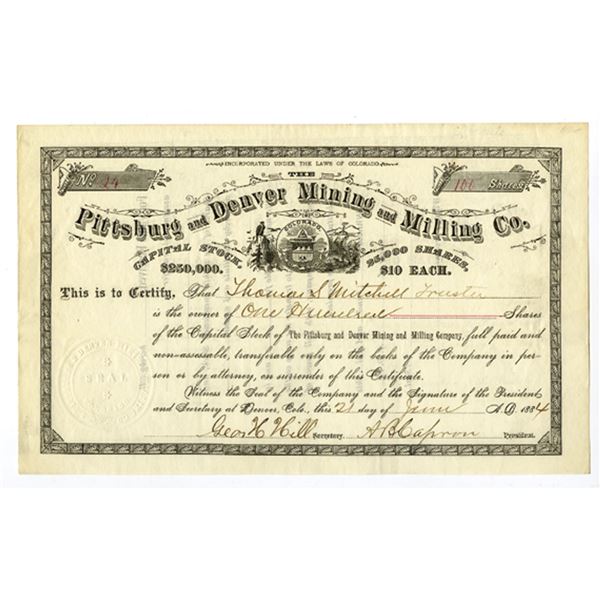 CO. Pittsburg and Denver Mining and Milling Co., 1884 I/U Stock Certificate.