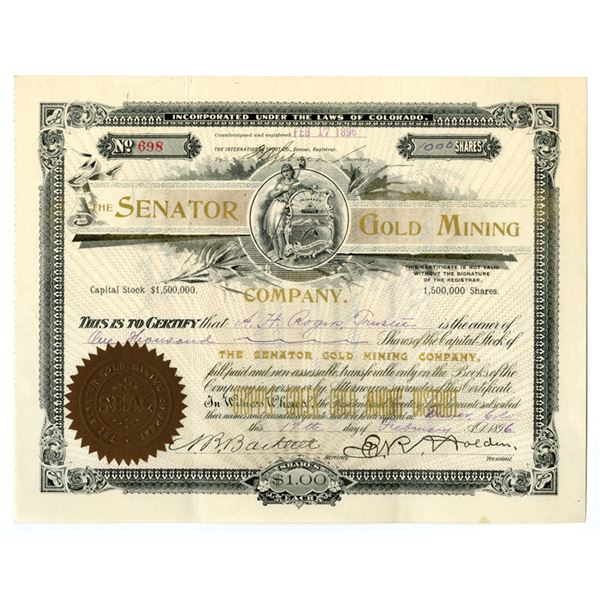 CO. Senator Gold Mining Co., 1895, I/U Stock Certificate.