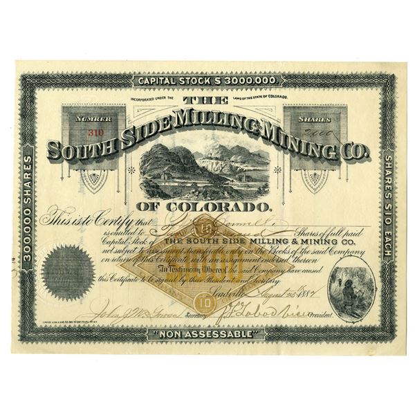 CO. South Side Milling & Mining Co., 1882 I/U Stock Certificate