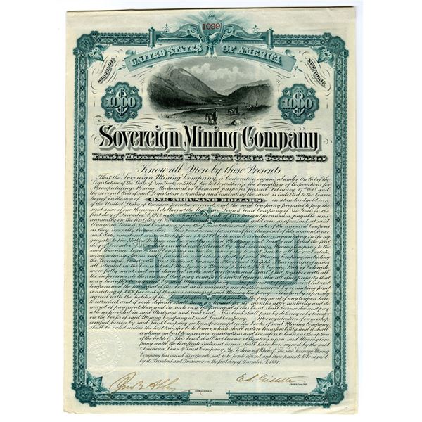 CO. Sovereign Mining Co., 1884. I/U 5% Gold Coupon Bond.