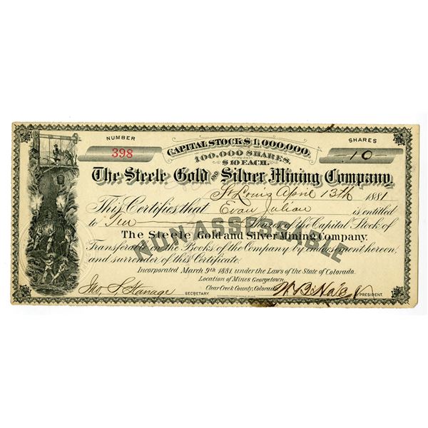 CO. Steele Gold & Silver Mining Company, 1881 I/U Stock Certificate