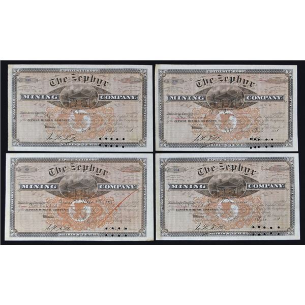 CO. Zephyr Mining Co., 1881,  I/C Stock Certificate Quartet.