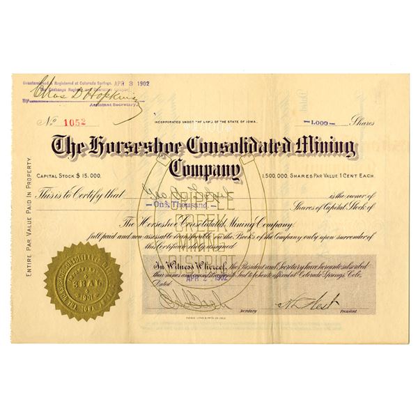 Colorado. Horseshoe Consolidated Mining Co., 1902, I/U Stock Certificate.