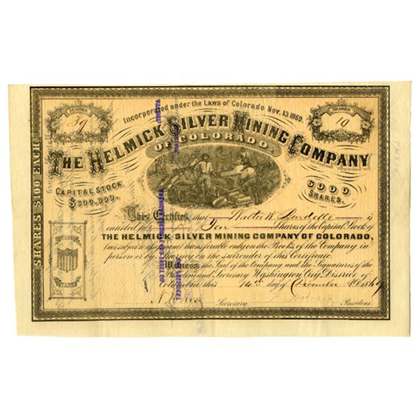 CO. Helmick Silver Mining Company, 1869 I/U Stock Certificate