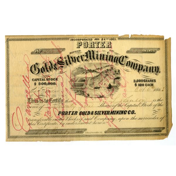 CO. Porter Gold & Silver Mining Co., 1863, I/C Stock Certificate.