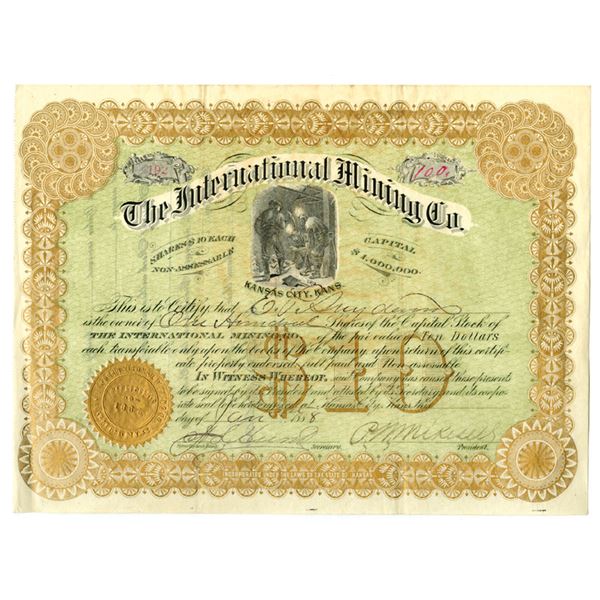 KS. International Mining Co., 1888, I/U Stock Certificate.