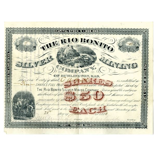 KS. Rio Bonito Silver Mining Co., 1883, I/U Stock Certificate.