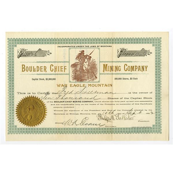 MT. Boulder Chief Mining Co., 1892, I/U Stock Certificate.